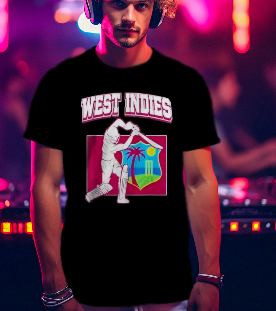 West Indies Cricket Windies Logo Batsman Palm Tree Stumps Sun Crest T-Shirt