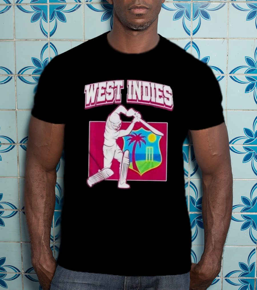 West Indies Cricket Windies Logo Batsman Palm Tree Stumps Sun Crest T-Shirt