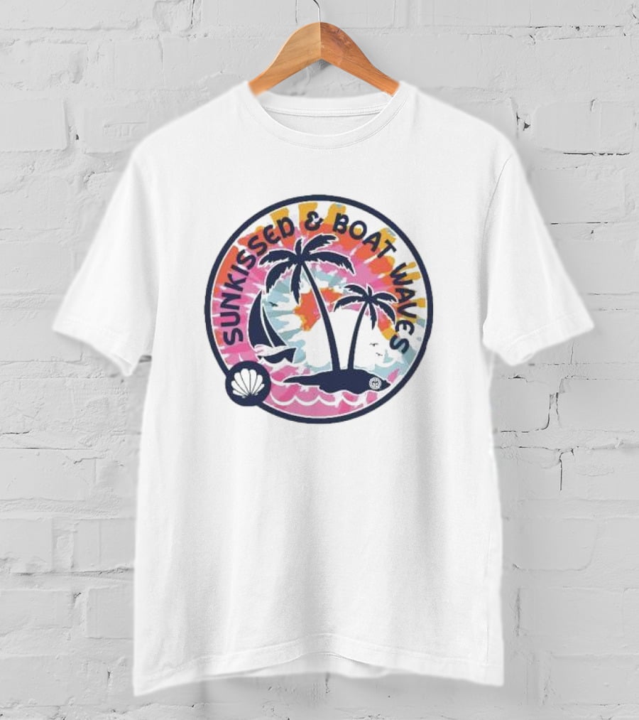 Sunkissed And Boat Waves Palm Trees Shell Sailboat Colorful Circle Emblem T-Shirt
