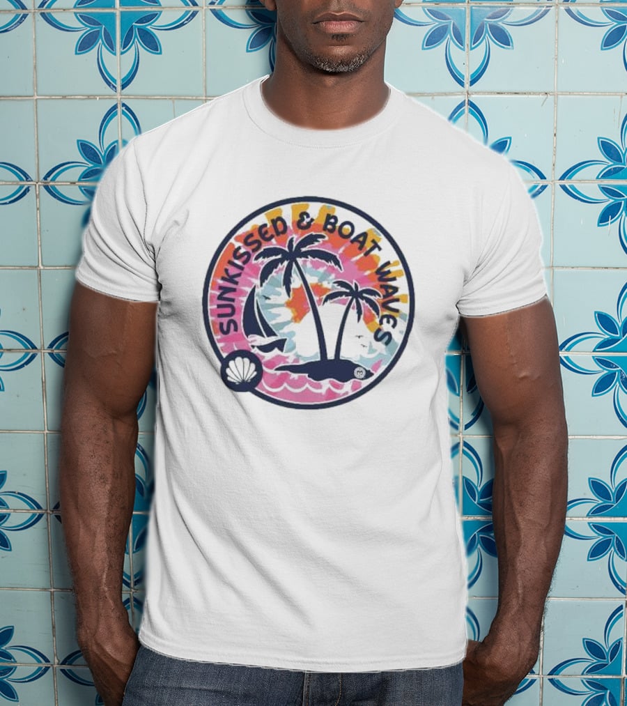 Sunkissed And Boat Waves Palm Trees Shell Sailboat Colorful Circle Emblem T-Shirt