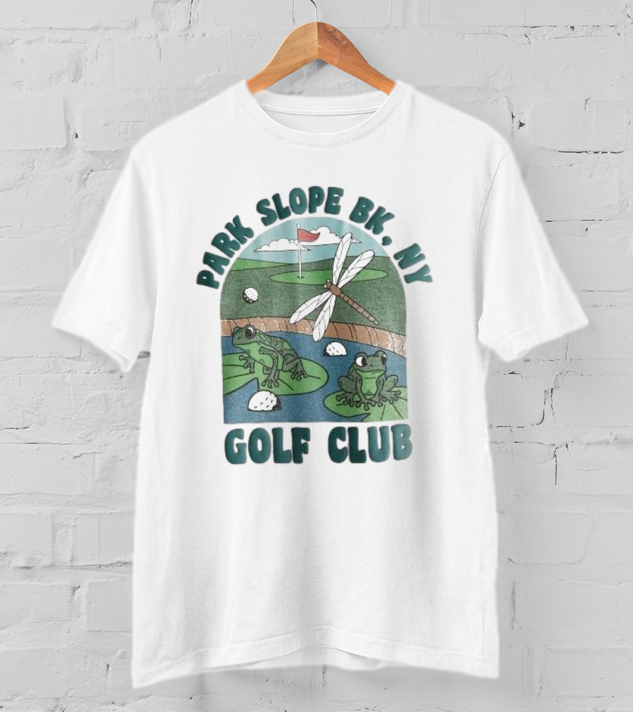 Park Slope BK NY Golf Club Frog And Dragonfly On Golf Course Lily Pads In Pond T-Shirt