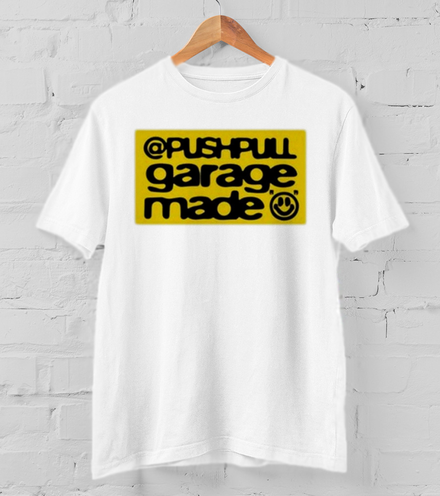 Pushpull Garage Made Smiley Face Yellow Background T-Shirt