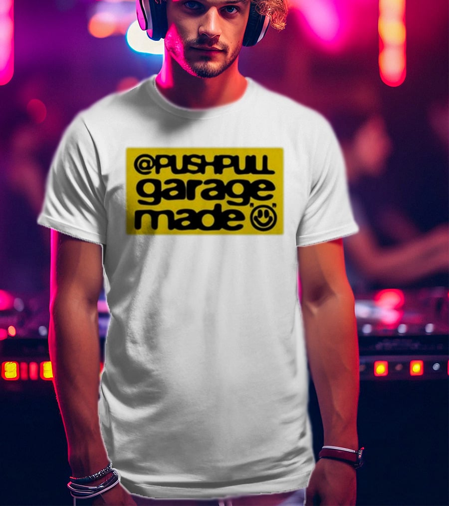 Pushpull Garage Made Smiley Face Yellow Background T-Shirt