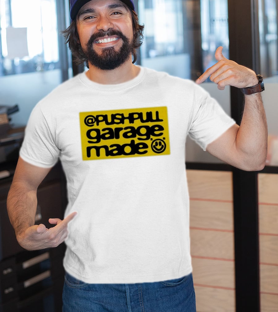 Pushpull Garage Made Smiley Face Yellow Background T-Shirt