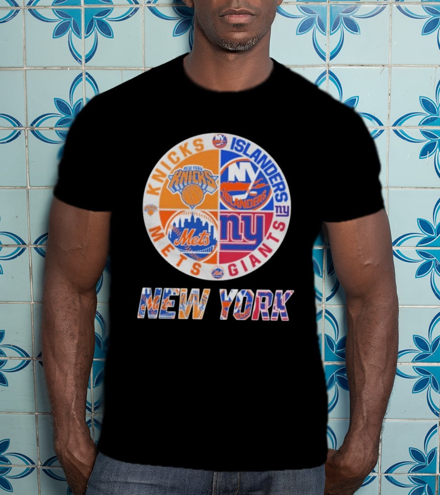 New York Knicks Mets Giants Islanders Logos Circle NYC Sports Teams T-Shirt