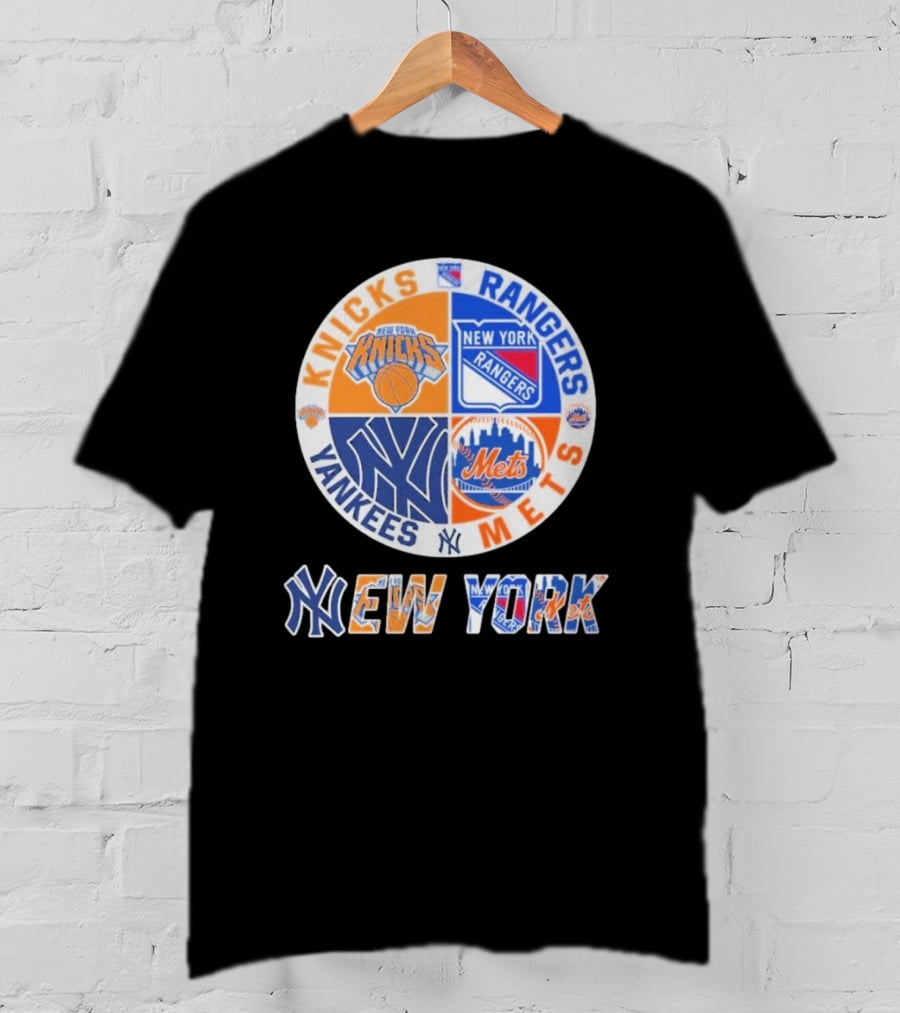 Knicks Rangers Yankees Mets New York Circle Logo Collaboration T-Shirt