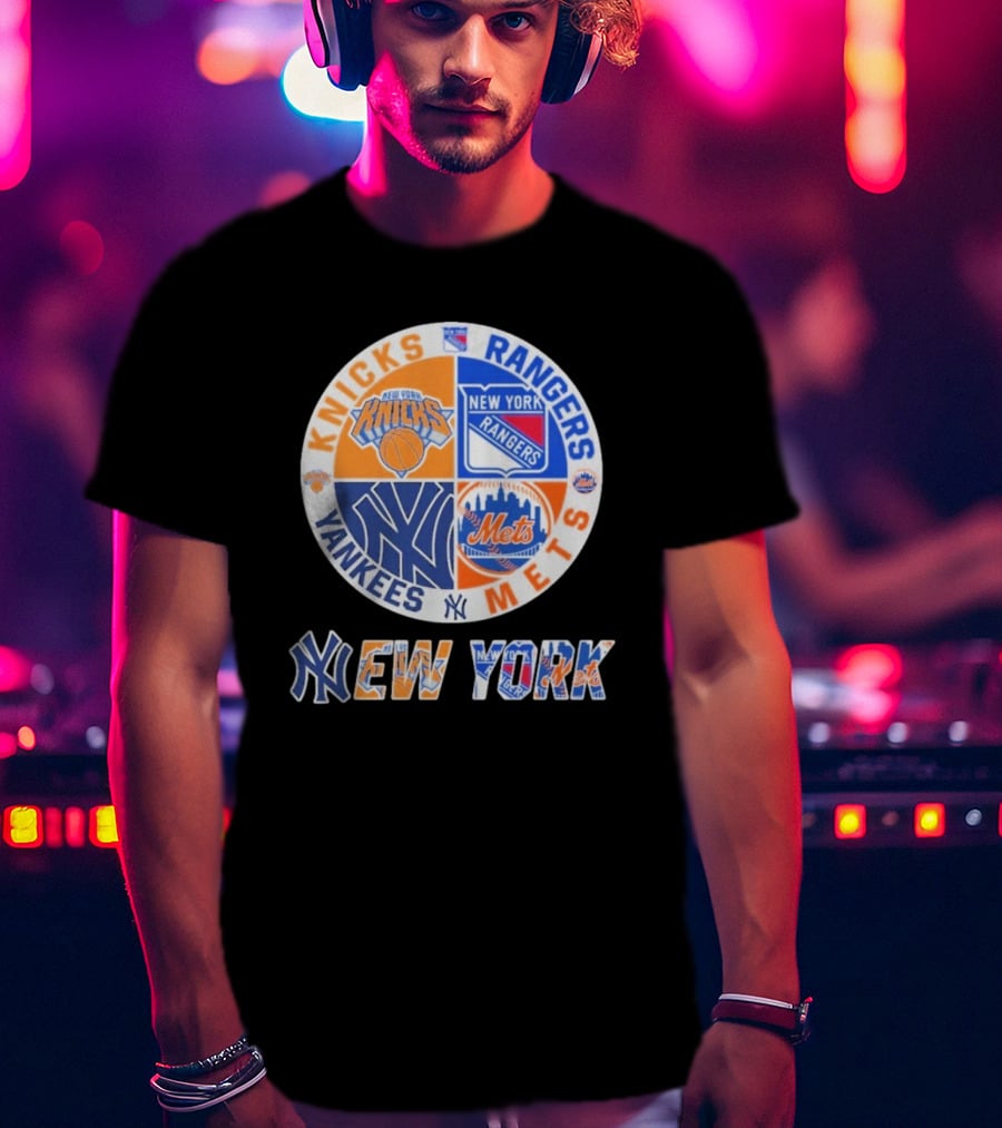 Knicks Rangers Yankees Mets New York Circle Logo Collaboration T-Shirt