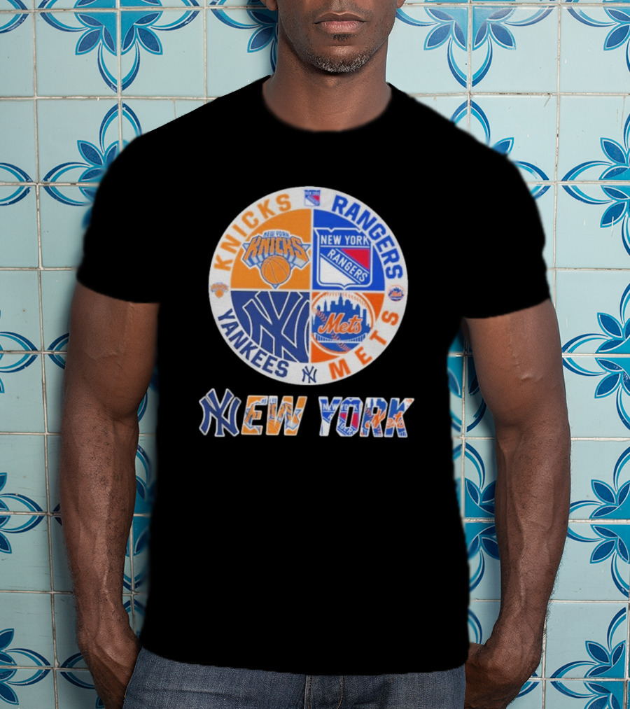 Knicks Rangers Yankees Mets New York Circle Logo Collaboration T-Shirt