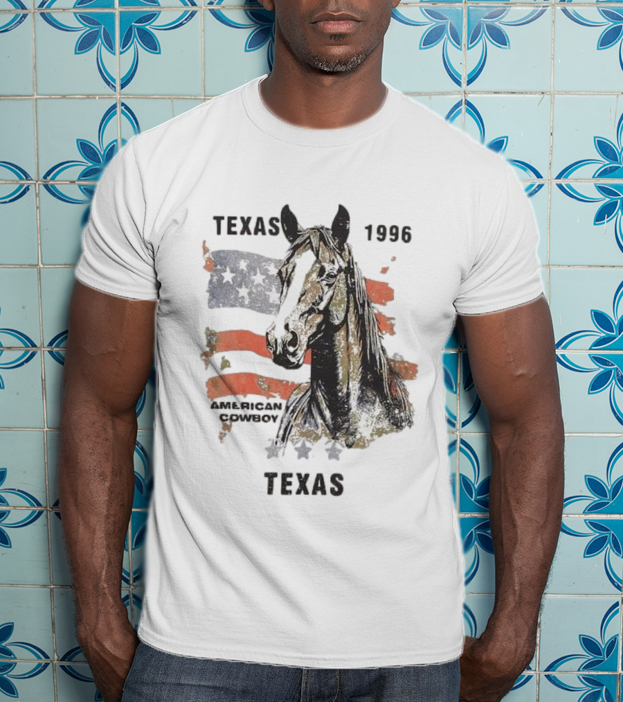 Texas 1996 American Cowboy Horse With Stars And Stripes Flag T-Shirt