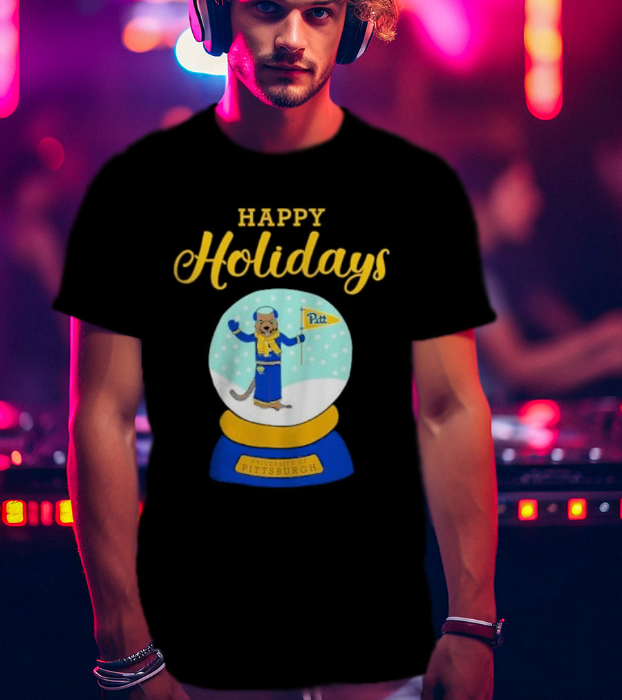 University Of Pittsburgh Pitt Roc Snow Globe Happy Holidays T-Shirt