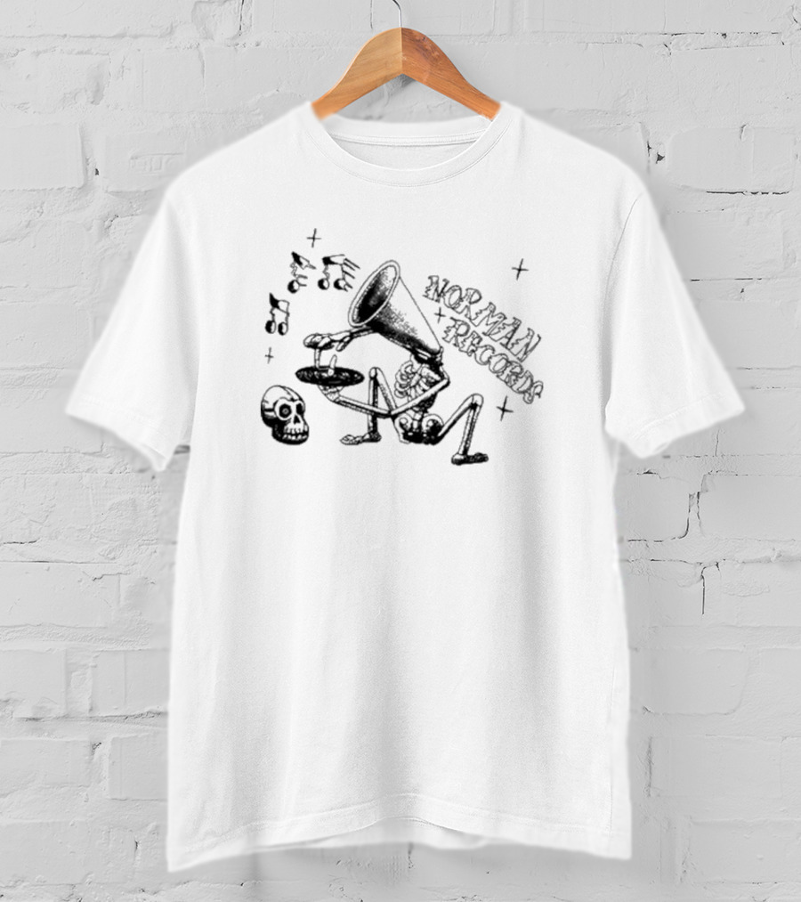 Norman Records Skeleton Phonograph Music Notes Skull T-Shirt