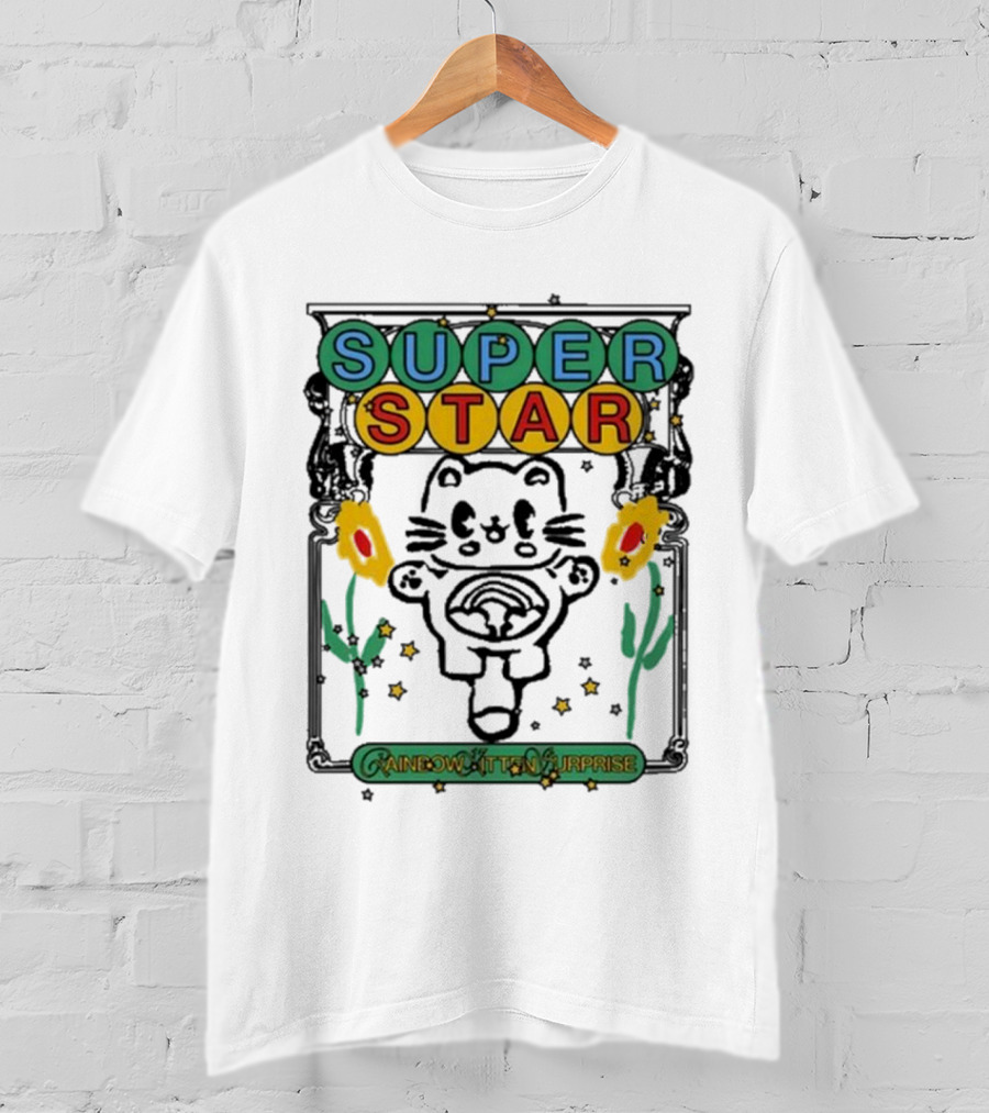 Rainbow Kitten Surprise Superstar Floating Cat With Rainbow Starry Background T-Shirt