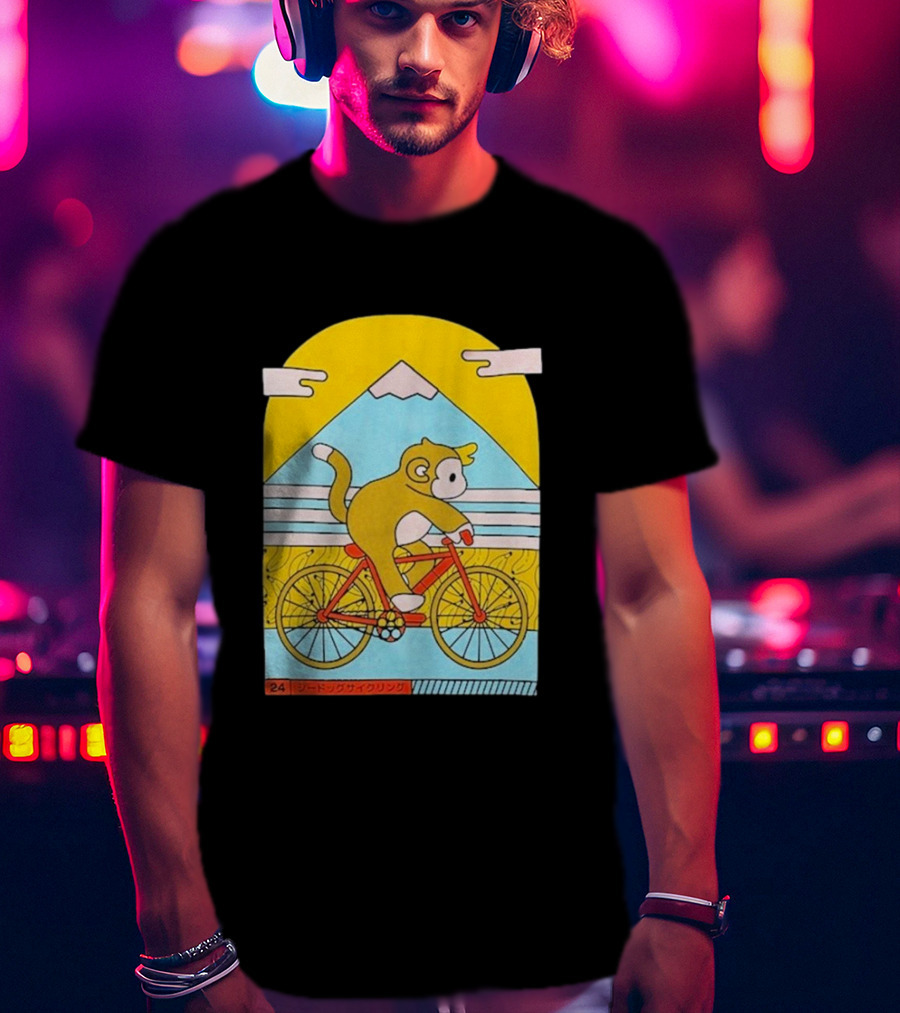 CDAWGVA Cycle Pullover Monkey Riding Bike With Mountain Background T-Shirt