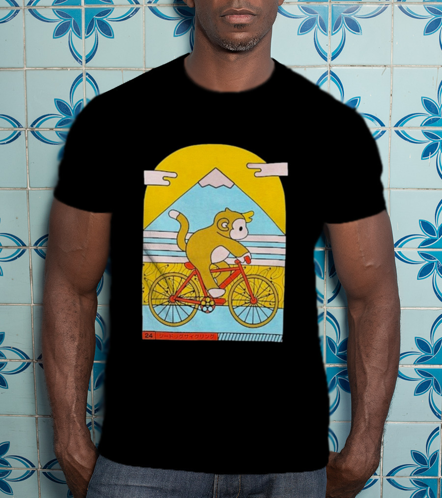 CDAWGVA Cycle Pullover Monkey Riding Bike With Mountain Background T-Shirt