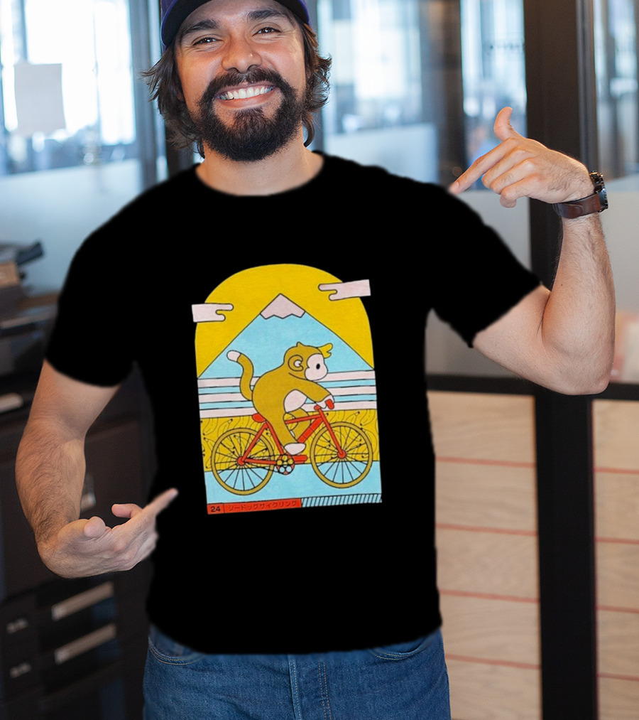 CDAWGVA Cycle Pullover Monkey Riding Bike With Mountain Background T-Shirt