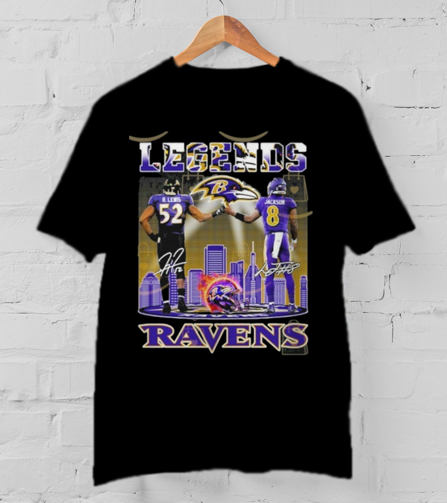 Baltimore Ravens Legends Ray Lewis 52 X Lamar Jackson 8 Signature T-Shirt