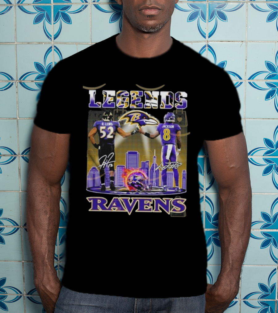 Baltimore Ravens Legends Ray Lewis 52 X Lamar Jackson 8 Signature T-Shirt