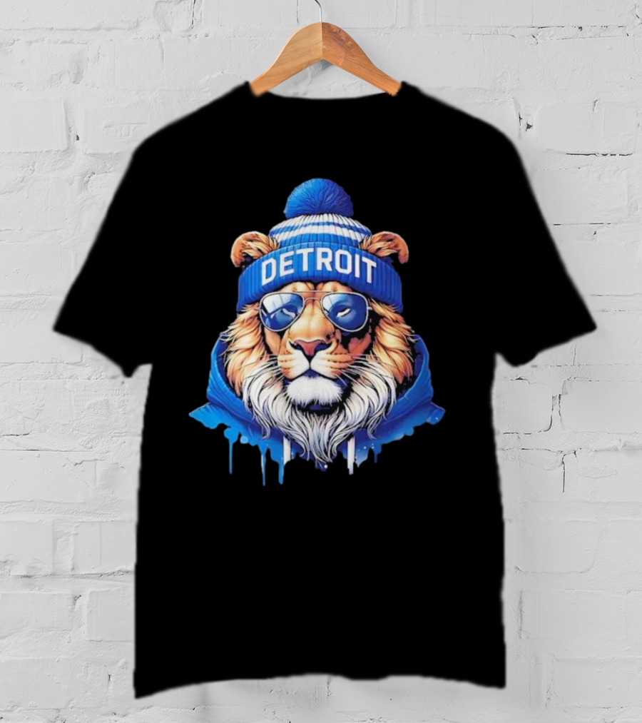 Detroit Lions Football 2025 New Season Cool Lion In Blue Beanie And Shades T-Shirt