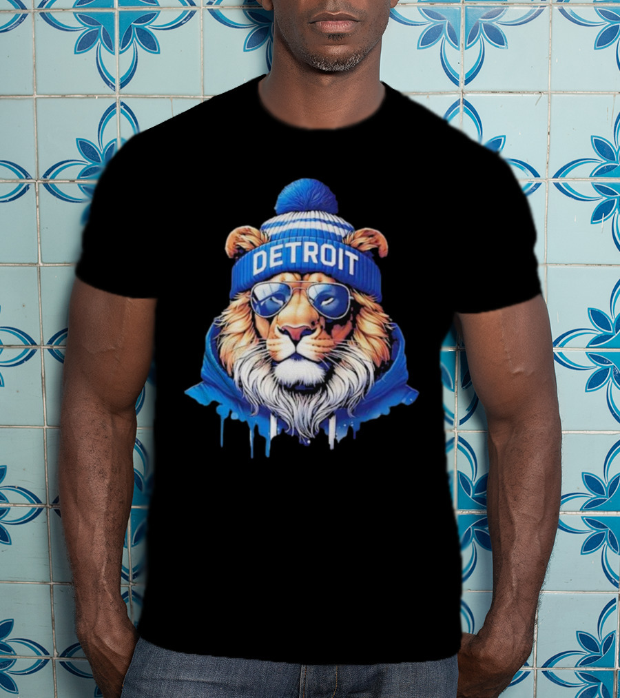 Detroit Lions Football 2025 New Season Cool Lion In Blue Beanie And Shades T-Shirt