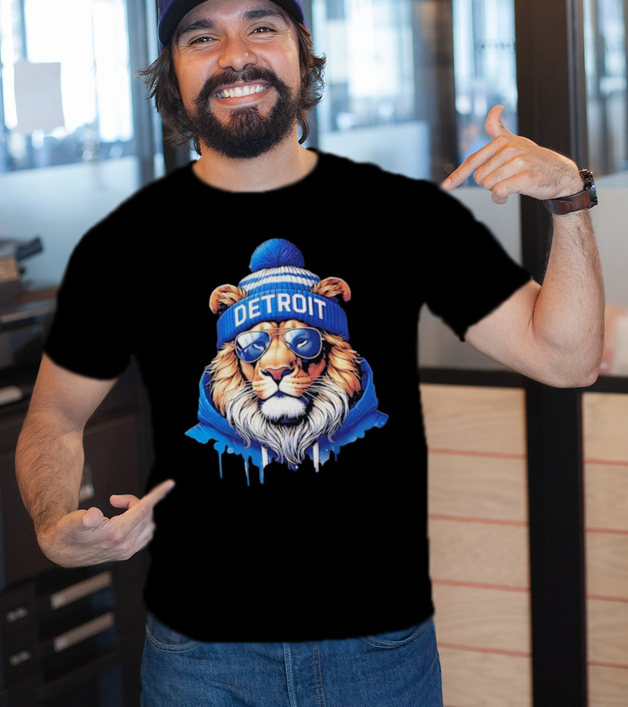 Detroit Lions Football 2025 New Season Cool Lion In Blue Beanie And Shades T-Shirt