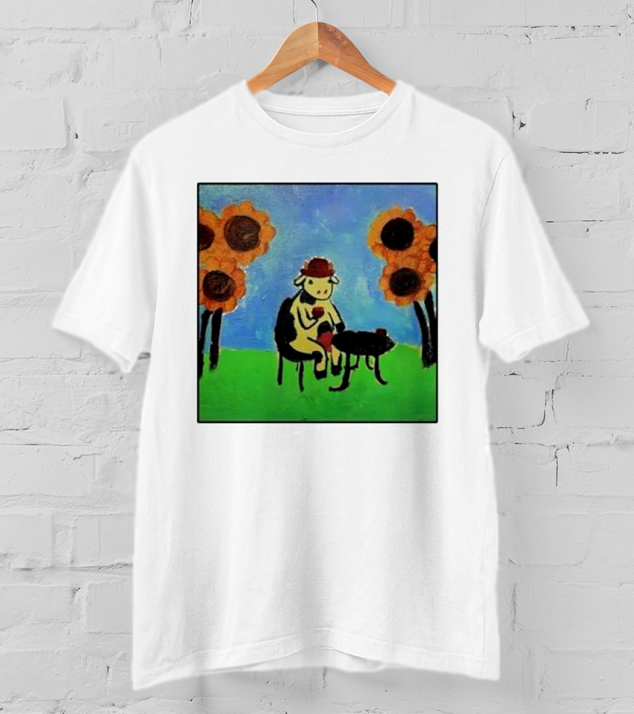 Cow Painting With Sunflowers And Tea Party Scene T-Shirt