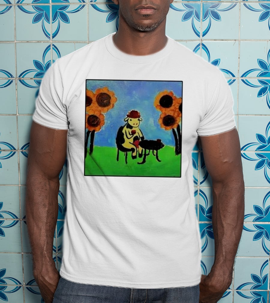 Cow Painting With Sunflowers And Tea Party Scene T-Shirt