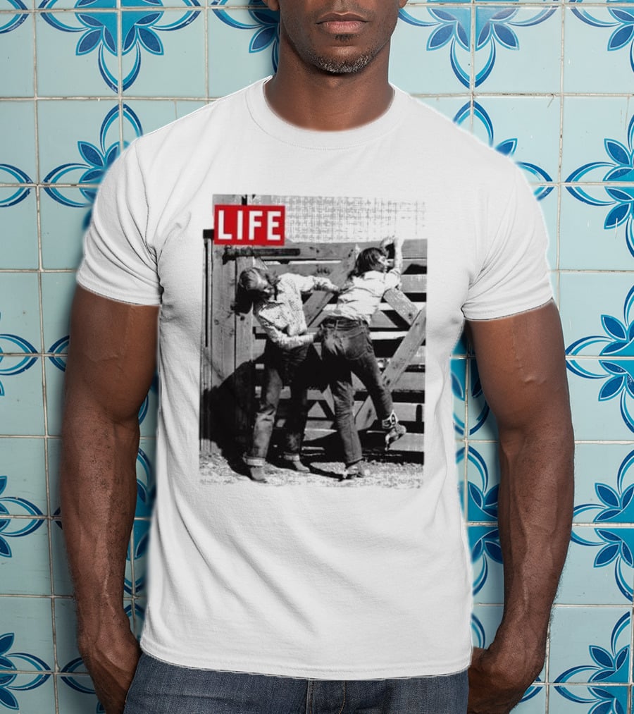 Life Magazine Cowboy Boys Playful Dust Off Fence Scene T-Shirt