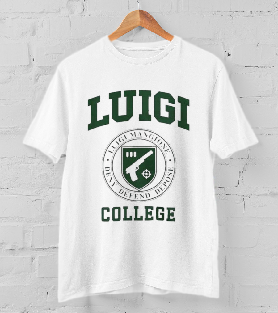 Luigi Mangione Deny Defend Depose College Gun Emblem T-Shirt