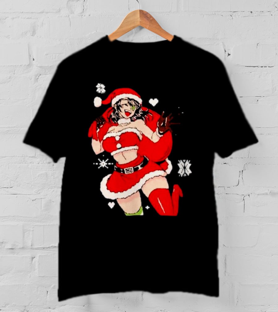 Supps Waifu Uwu Ugly Christmas Santa Anime Girl In Red Outfit With Snowflakes And Hearts T-Shirt