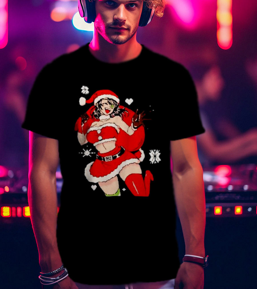 Supps Waifu Uwu Ugly Christmas Santa Anime Girl In Red Outfit With Snowflakes And Hearts T-Shirt