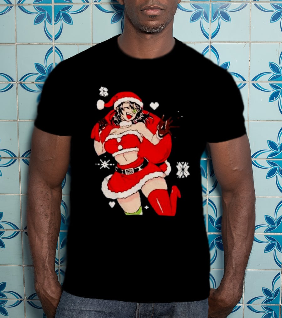 Supps Waifu Uwu Ugly Christmas Santa Anime Girl In Red Outfit With Snowflakes And Hearts T-Shirt