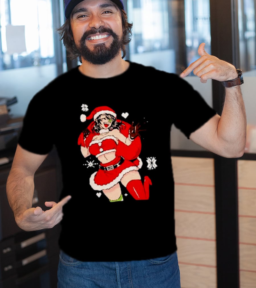Supps Waifu Uwu Ugly Christmas Santa Anime Girl In Red Outfit With Snowflakes And Hearts T-Shirt