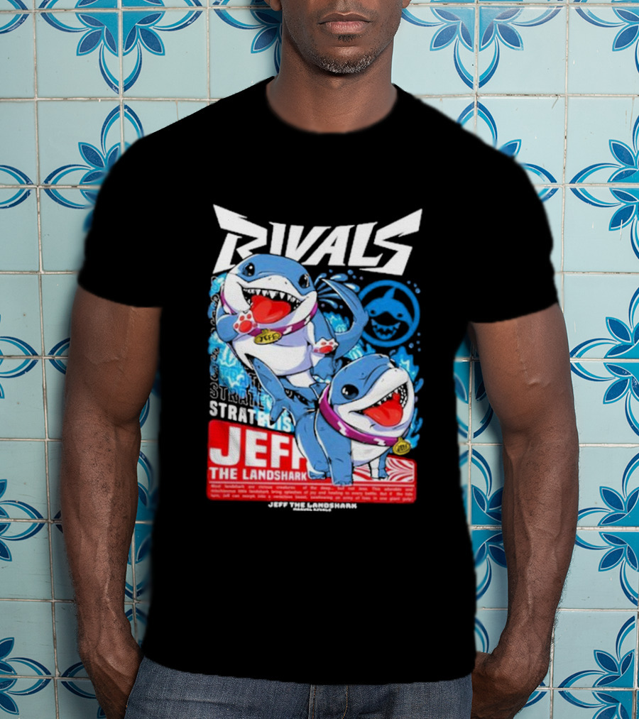Rivals Stratbois Jeff The Land Shark Anime Style With Blue And Red Cartoon T-Shirt