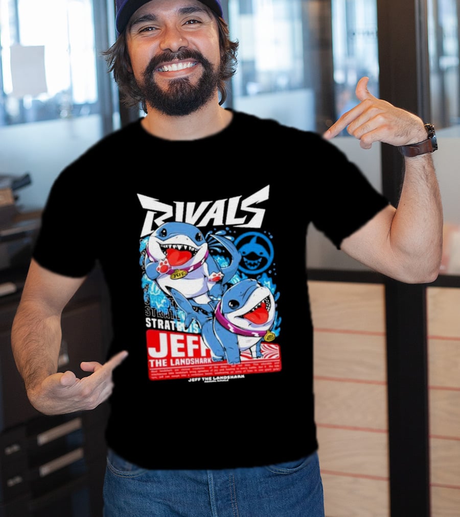 Rivals Stratbois Jeff The Land Shark Anime Style With Blue And Red Cartoon T-Shirt