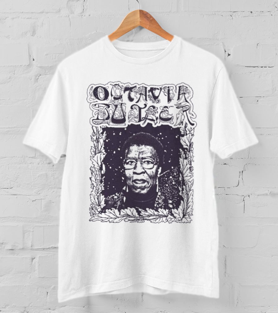 Octavia Butler Portrait With Leafy Cosmic Border T-Shirt