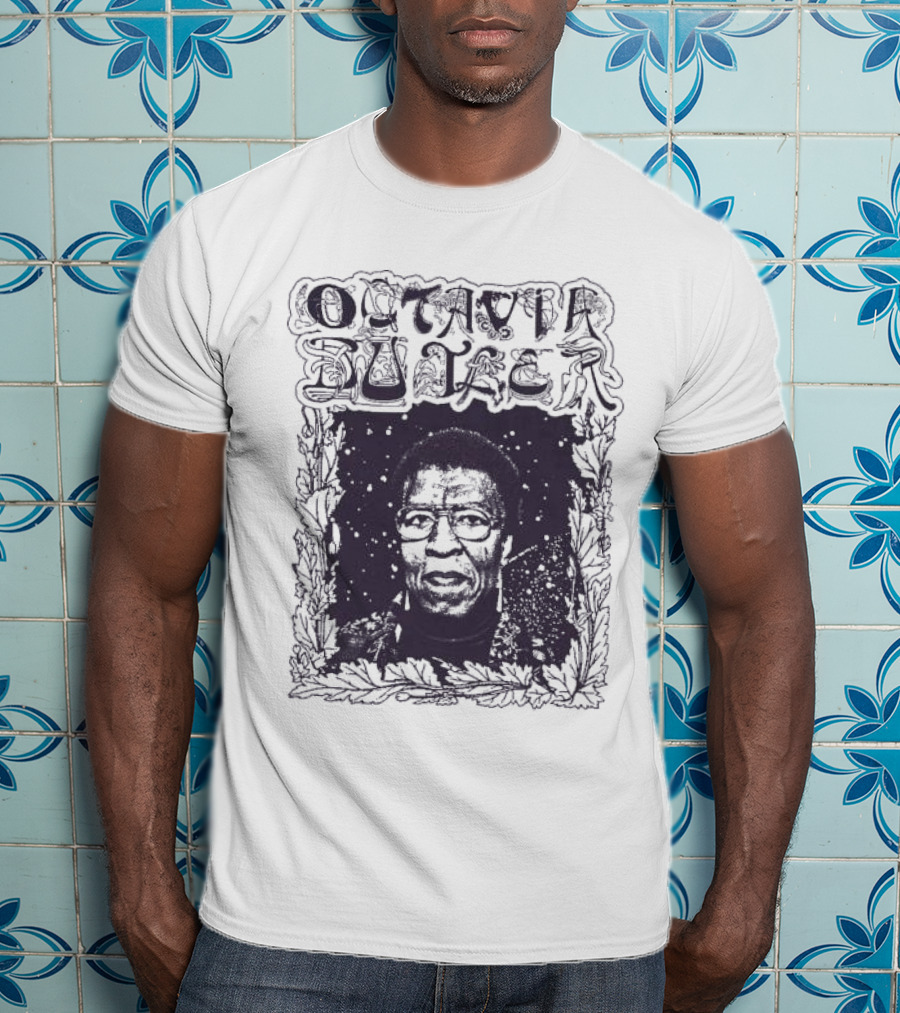 Octavia Butler Portrait With Leafy Cosmic Border T-Shirt