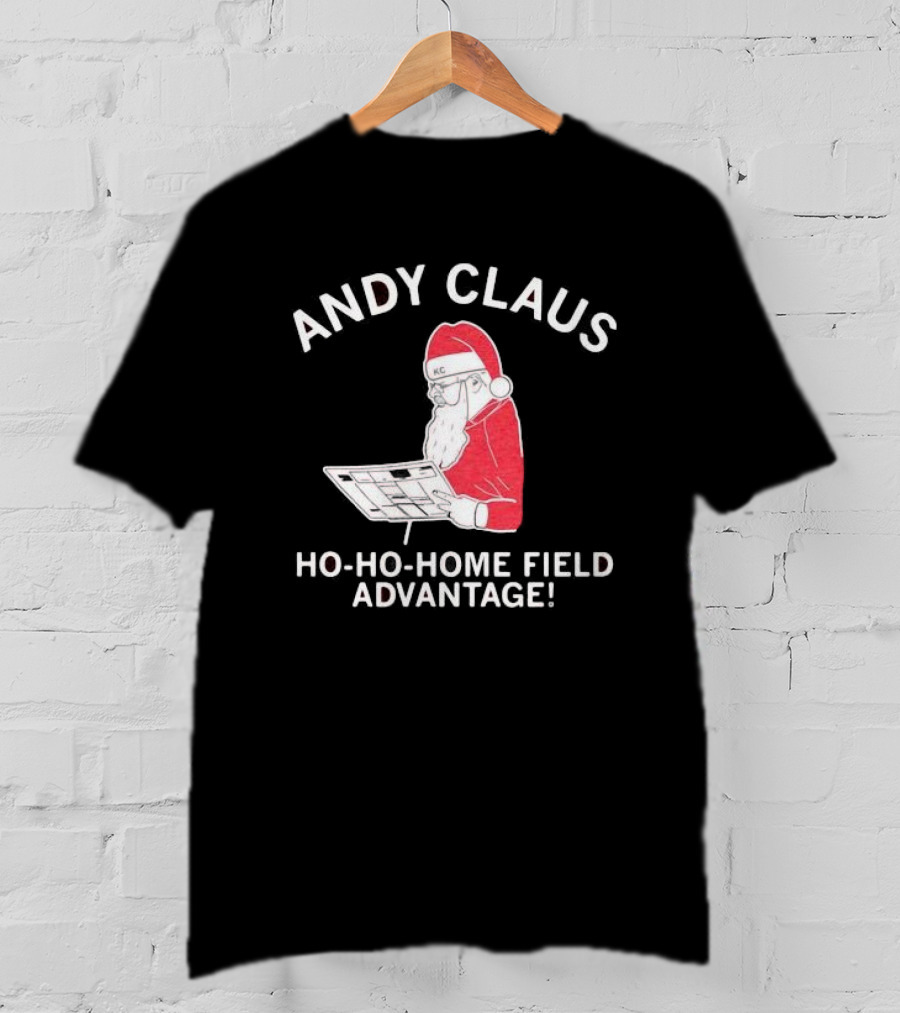 Andy Claus Santa In KC Hat With Playbook Ho Ho Home Field Advantage T-Shirt