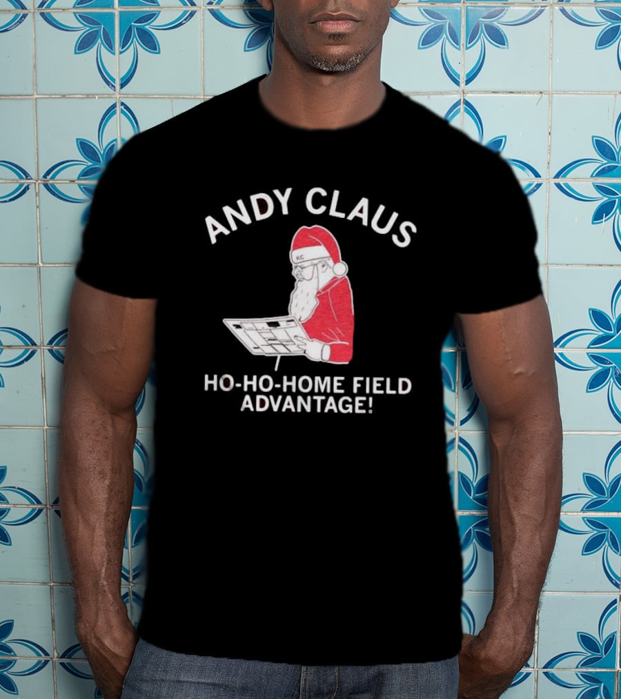 Andy Claus Santa In KC Hat With Playbook Ho Ho Home Field Advantage T-Shirt
