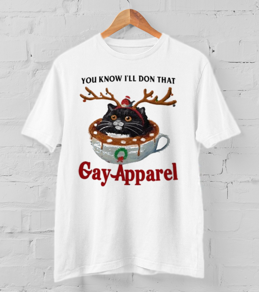 You Know I’ll Don That Gay Apparel Black Cat In Festive Antlers In Holiday Coffee Cup T-Shirt