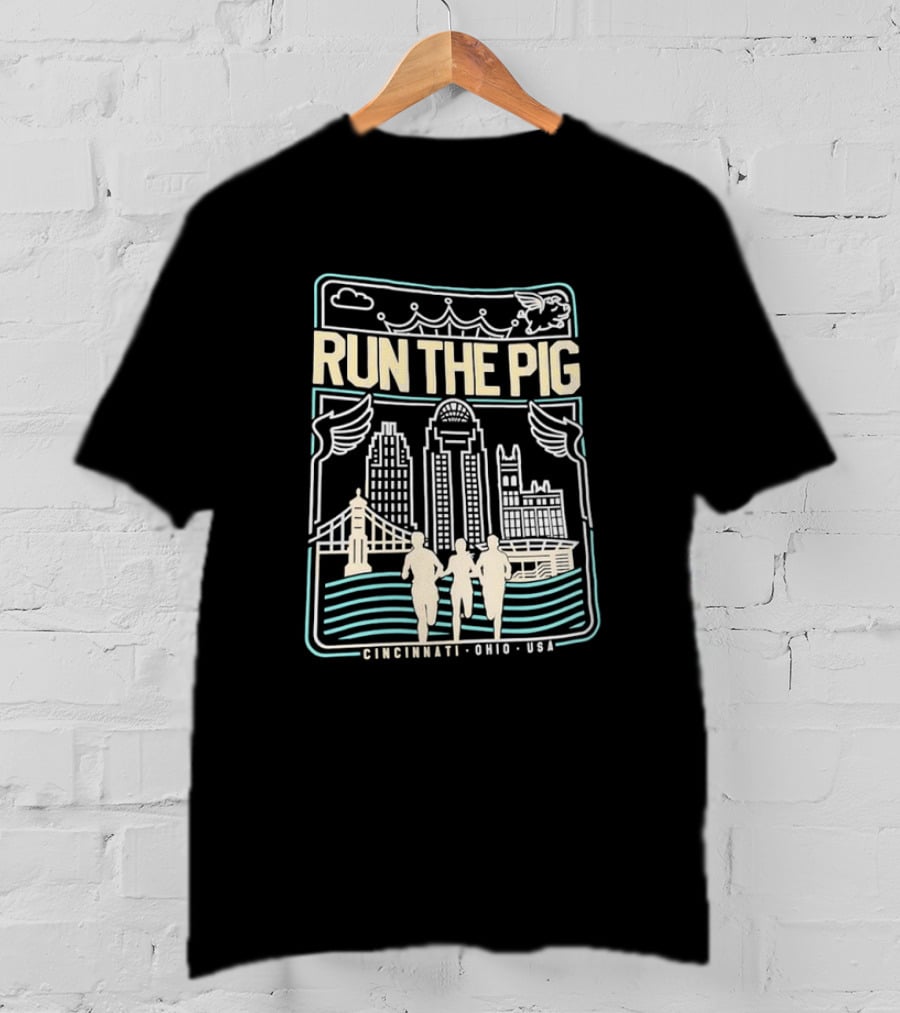 RUN THE PIG Skyline And Runners Cincinnati Ohio USA T-Shirt