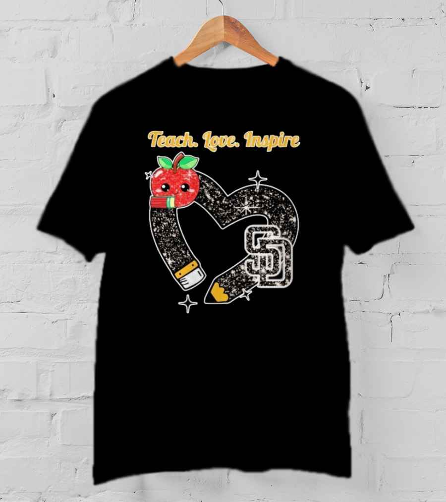 Teach Love Inspire San Diego Padres Sparkling Heart Apple Pencil T-Shirt