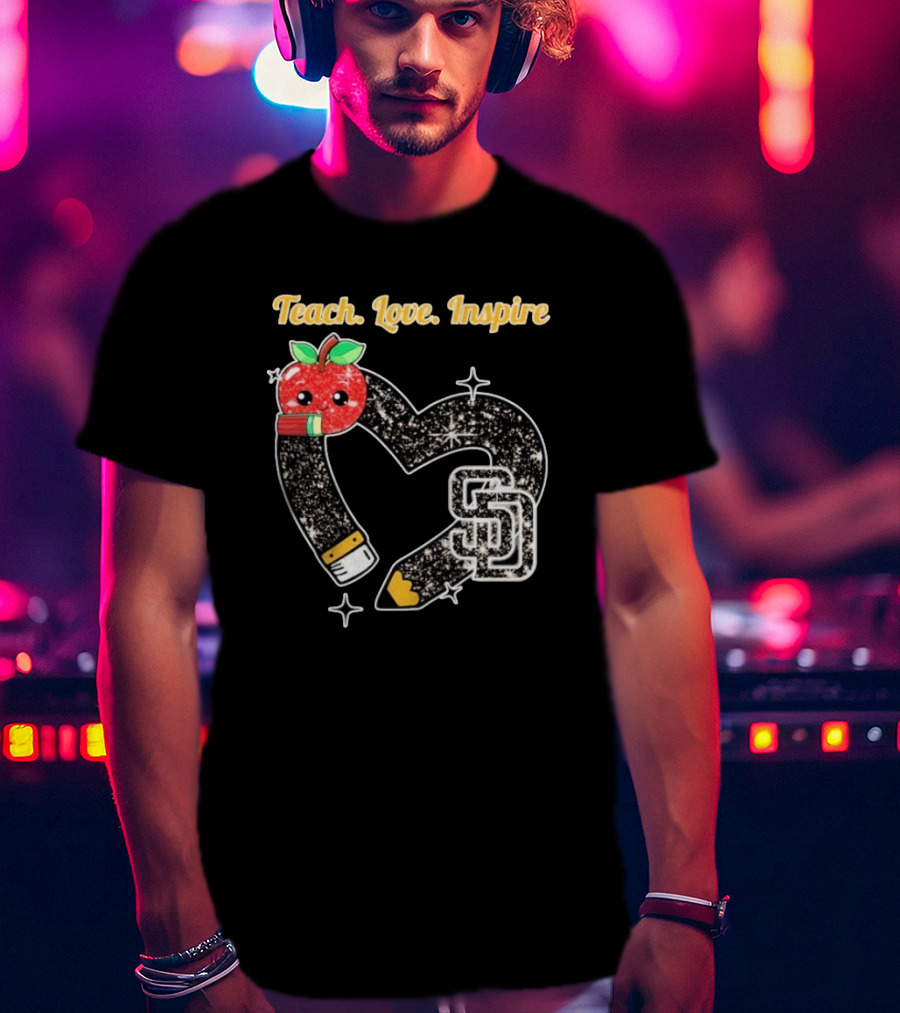 Teach Love Inspire San Diego Padres Sparkling Heart Apple Pencil T-Shirt