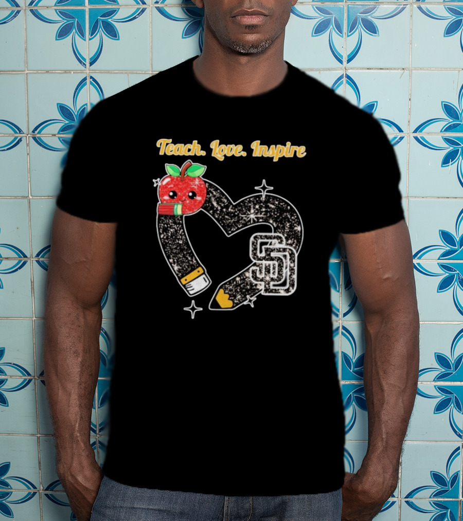 Teach Love Inspire San Diego Padres Sparkling Heart Apple Pencil T-Shirt