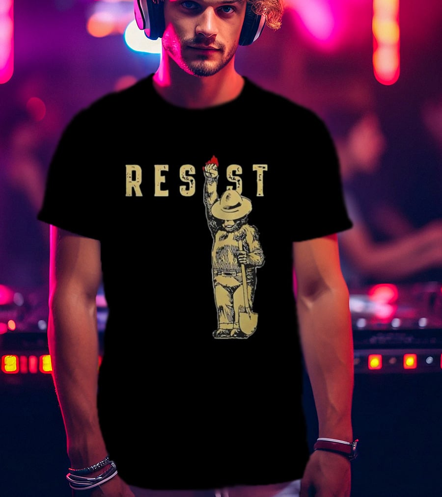 "Smokey Resist Firefighter Bear With Raised Fist And Shovel" T-Shirt
