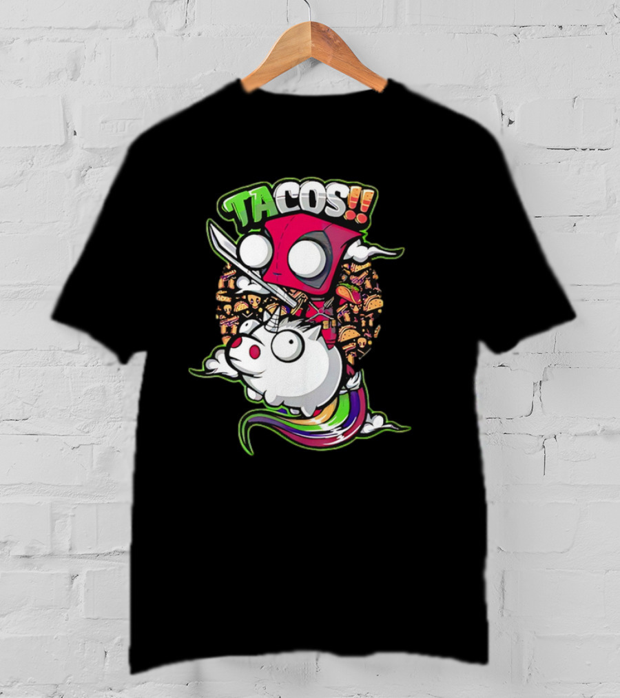 Tacos Deadpool Riding Unicorn Surrounded By Tacos Cartoon T-Shirt