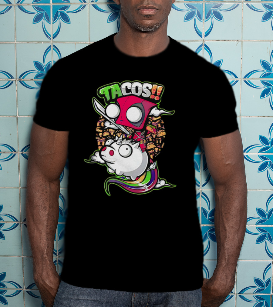 Tacos Deadpool Riding Unicorn Surrounded By Tacos Cartoon T-Shirt