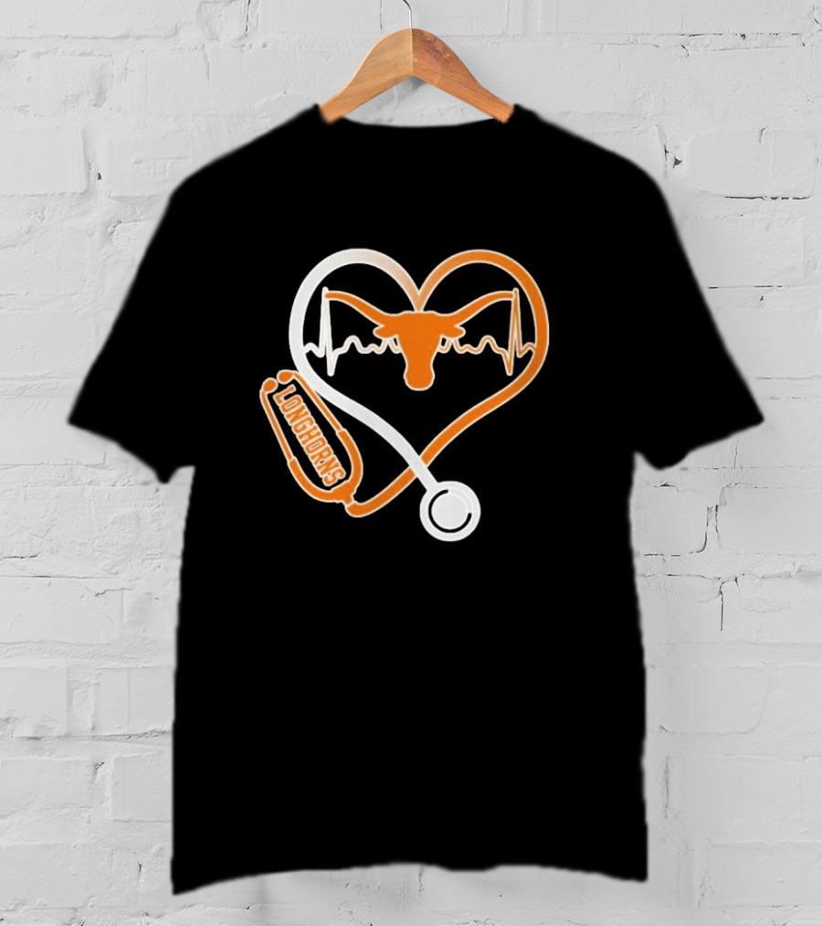 Texas Longhorns Caring Hearts Nurse Stethoscope Heartbeat T-Shirt