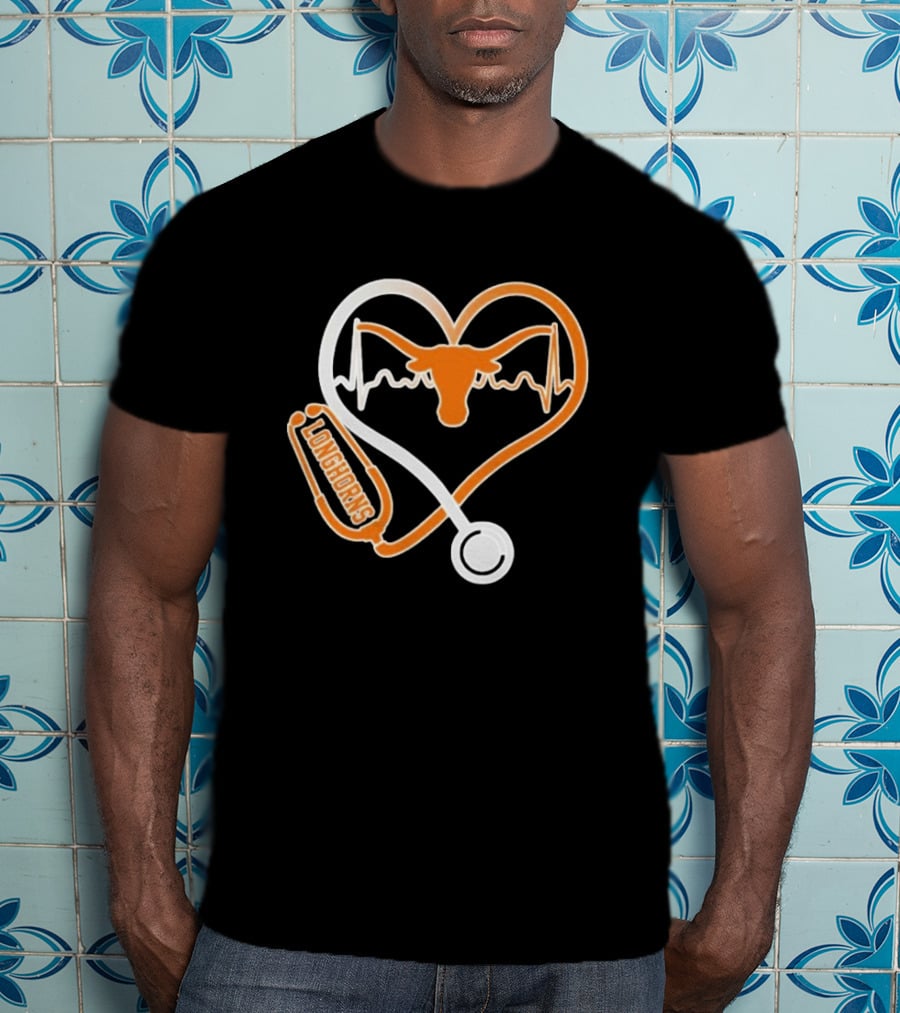 Texas Longhorns Caring Hearts Nurse Stethoscope Heartbeat T-Shirt
