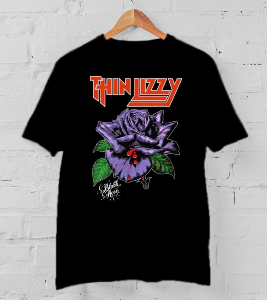 Thin Lizzy Black Rose With Purple Flower And Green Leaves T-Shirt