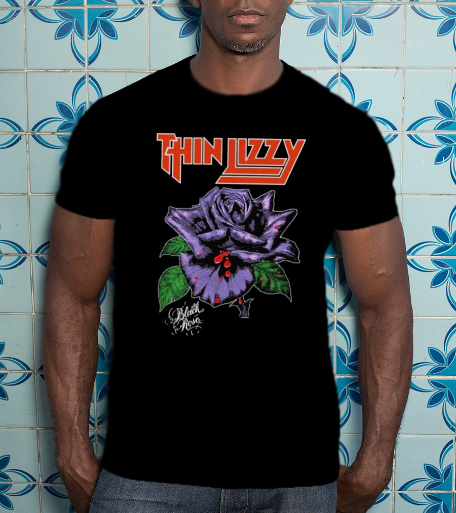 Thin Lizzy Black Rose With Purple Flower And Green Leaves T-Shirt